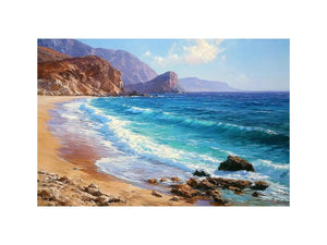 Coastal beach canvas art with blue waves and cliffs for relaxed living room decor.