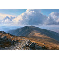 Horizontal mountain landscape canvas art with clouds for calm modern room decor.