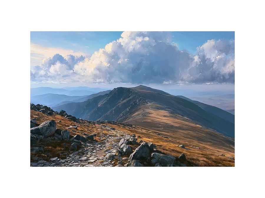 Horizontal mountain landscape canvas art with clouds for calm modern room decor.