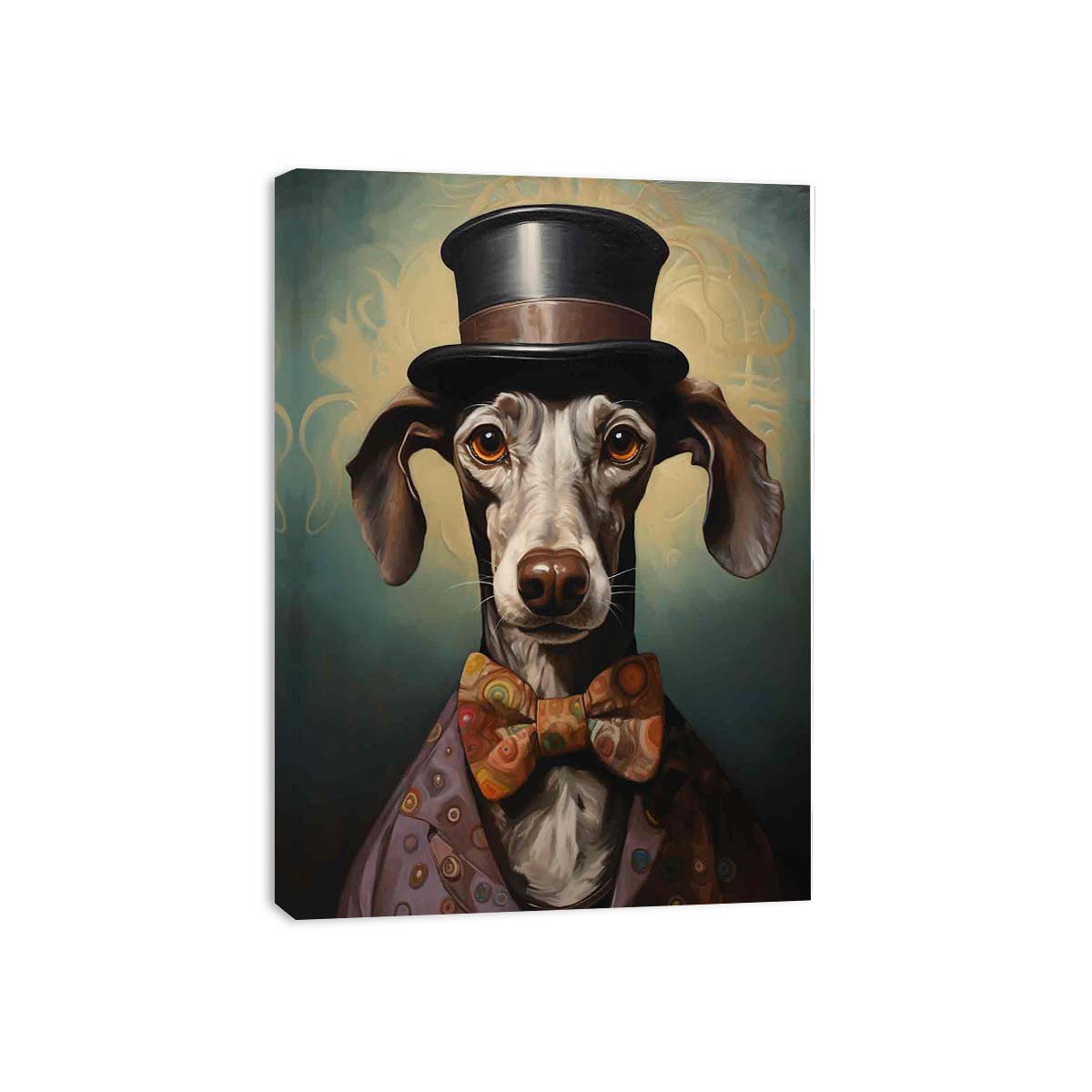 Whimsical dachshund portrait canvas art with top hat and bow tie for eclectic wall decor.