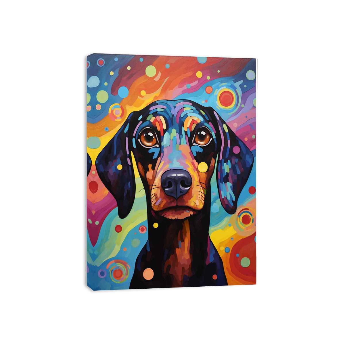 Colorful pop art dachshund canvas print for playful bedroom or creative office decor.