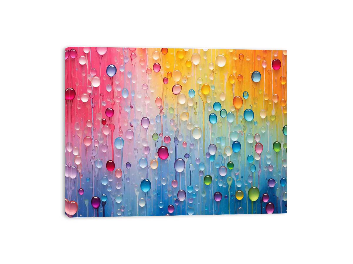 Colorful abstract raindrop canvas art with glossy droplets for bright modern room decor.