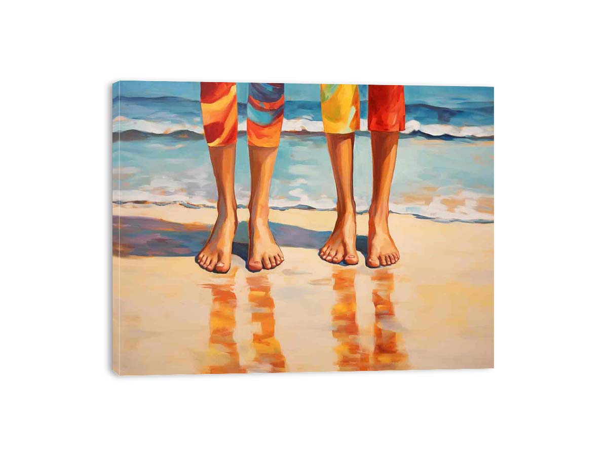 Children standing on beach canvas art with reflections for coastal family room decor.