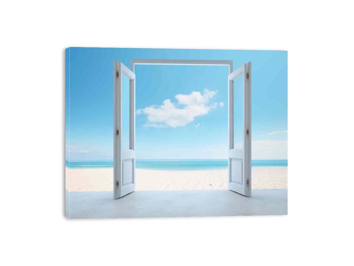 Open door beach view canvas art with blue ocean for calm coastal bedroom decor.