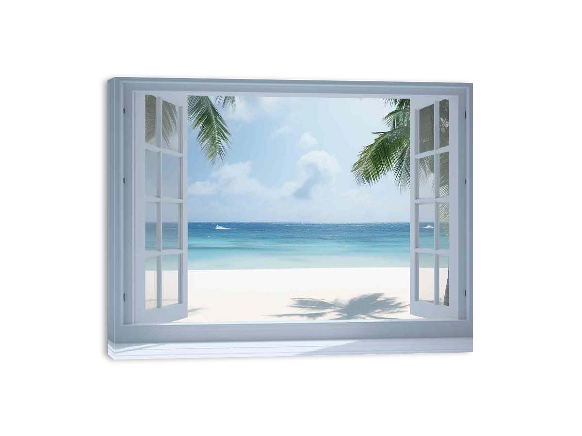 Palm window beach canvas art with turquoise ocean for tropical coastal decor.