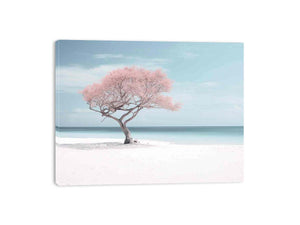 Blush pink beach tree canvas art for serene coastal bedroom or nursery decor.