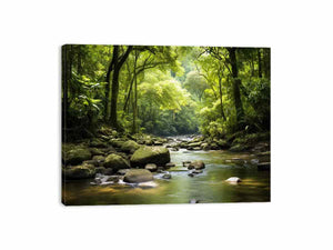 Rainforest river canvas art with rocks and green trees for calm living room decor.