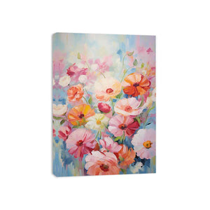 Pastel pink flower canvas art with blue garden tones for soft bedroom decor.