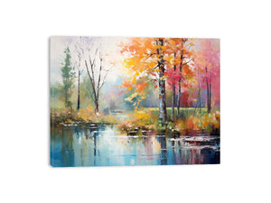 Colorful autumn pond canvas art with trees and reflections for home decor.