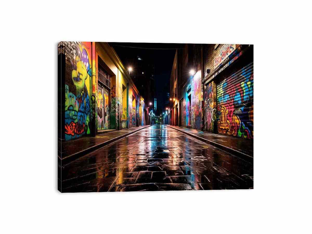 Neon graffiti alley canvas art with wet street reflections for urban decor.