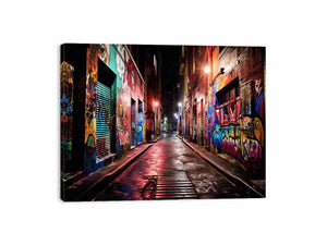 Red neon graffiti alley canvas art with wet pavement for modern urban decor.