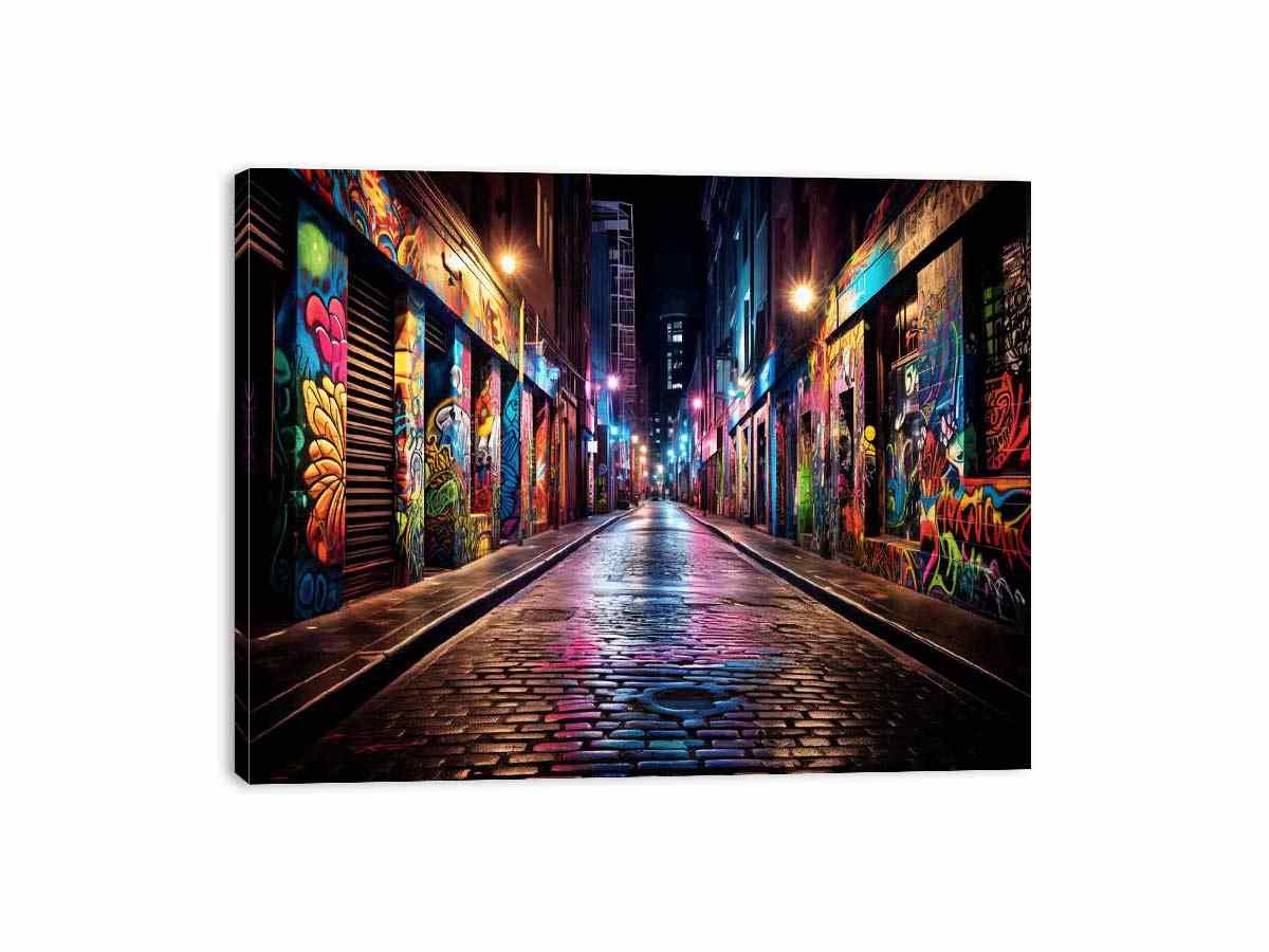 Neon graffiti alley canvas print for modern loft living room decor.