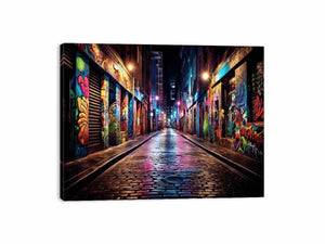 Neon graffiti alley canvas print for modern loft living room decor.