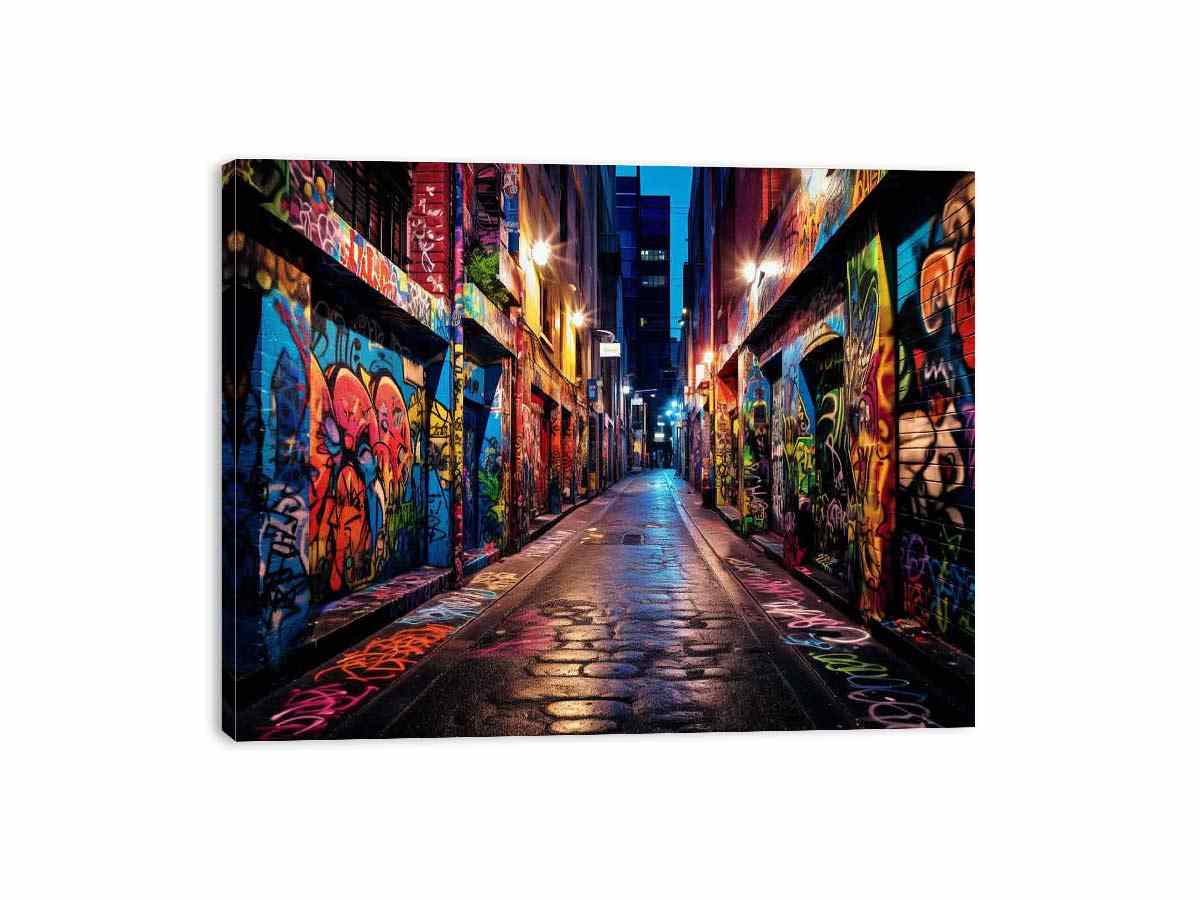 Colorful graffiti laneway canvas art for modern home office decor.