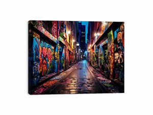 Colorful graffiti laneway canvas art for modern home office decor.