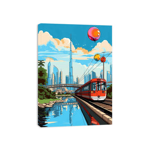 Dubai pop art train illustration canvas for colorful kids room decor.