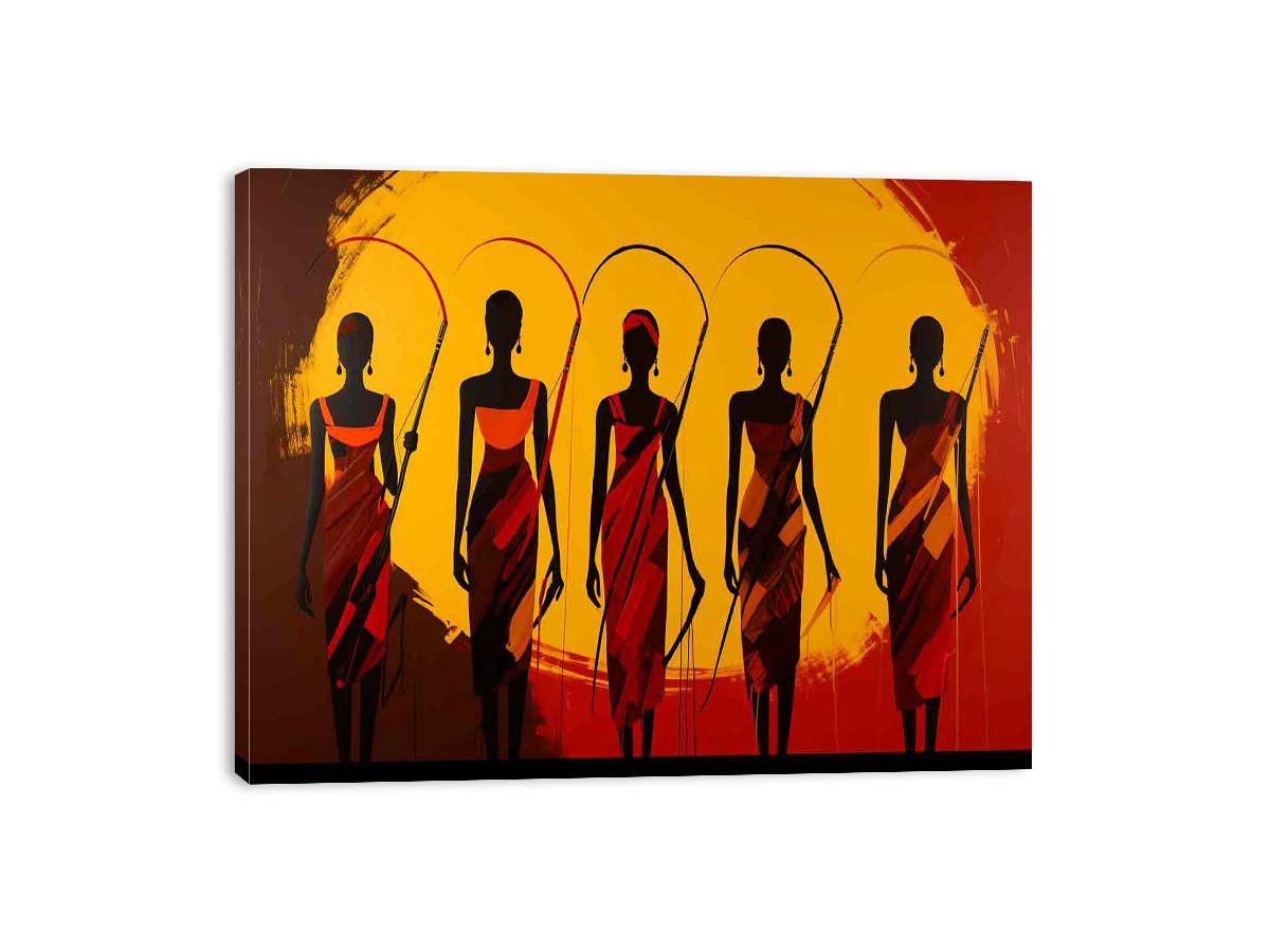 African women figurative canvas art in red and gold for bold living room decor.