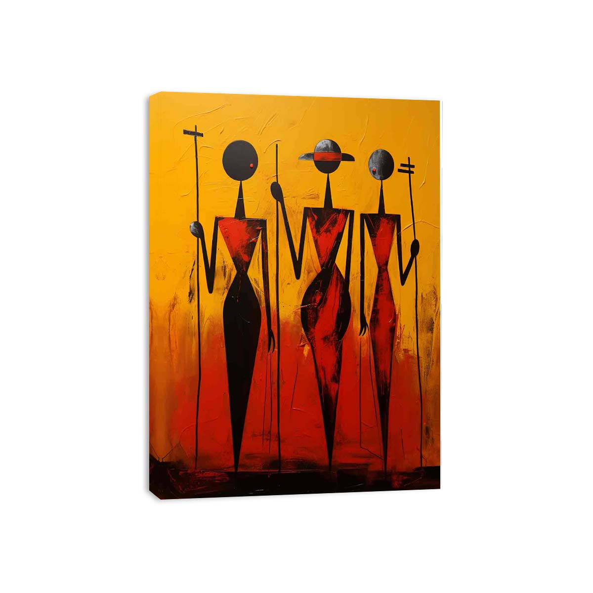 Bold African-inspired abstract figures in red and black for modern living room decor.