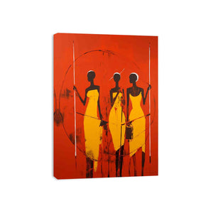 Three African women in yellow dresses with spears on red background for luxury wall decor.