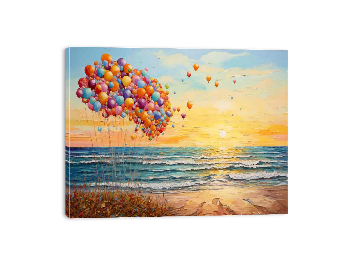 Colorful balloons floating beside ocean waves at sunset for dreamy coastal bedroom decor.