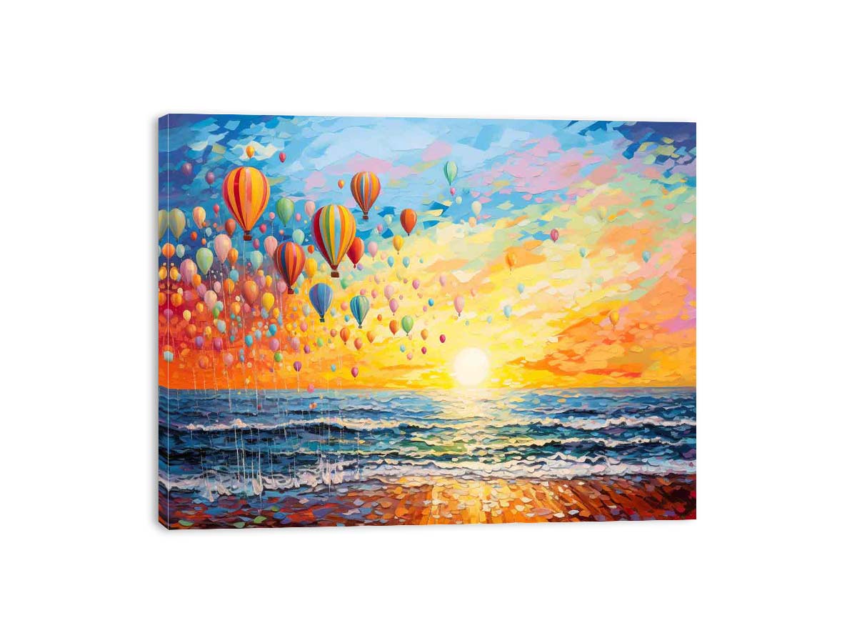Colorful hot air balloons over ocean sunrise for joyful coastal living room wall decor.