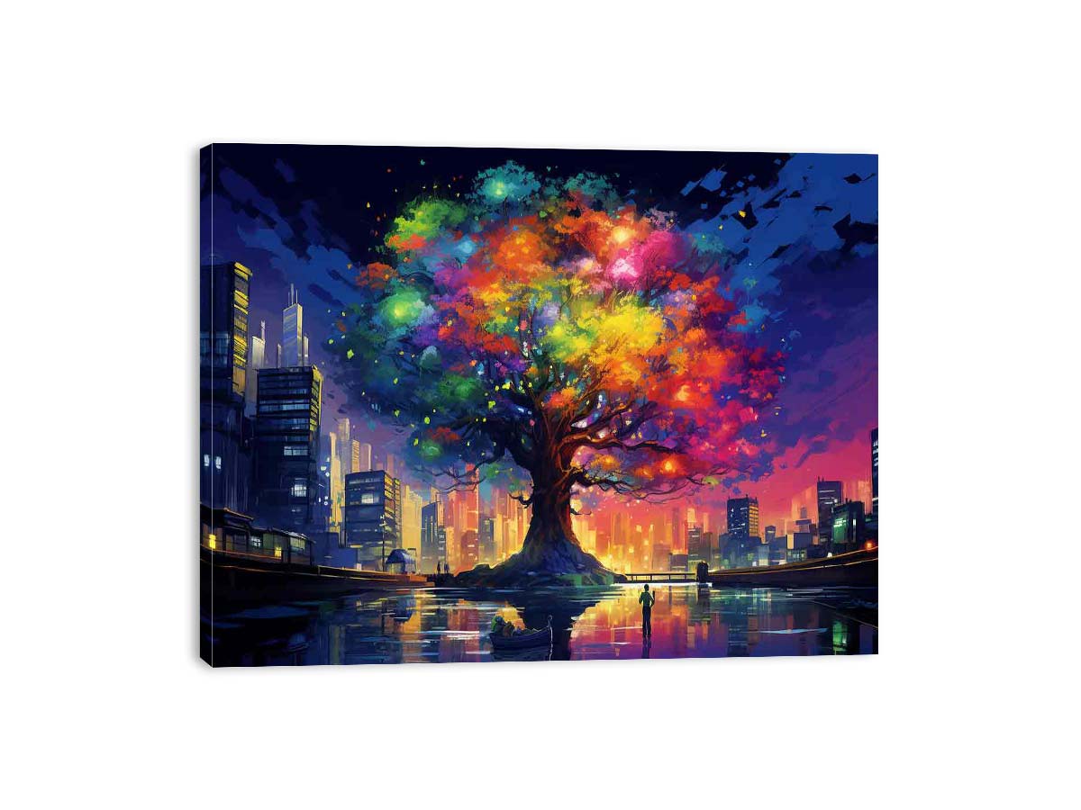 Rainbow tree glowing in a modern city skyline with reflections for bold office wall art.