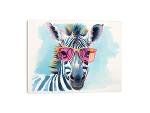 Cool zebra wearing pink sunglasses in watercolor style for playful modern wall decor.
