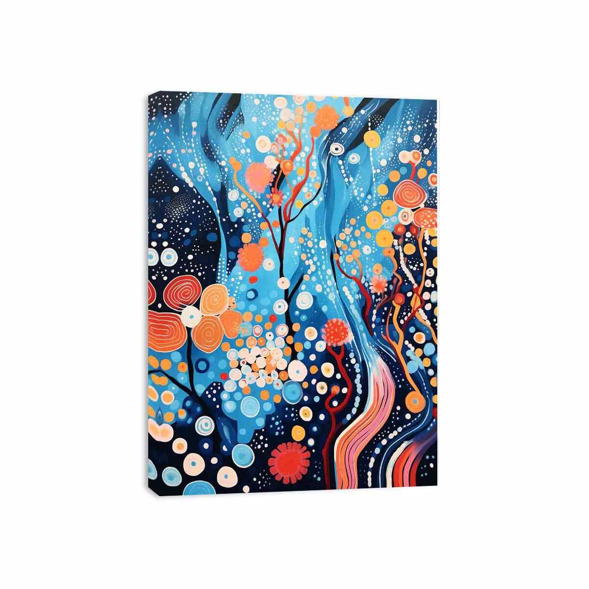Vibrant blue and coral abstract painting with circles and flowing lines for modern decor.