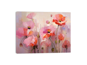 Soft pink and coral poppy flower painting for elegant bedroom and living room wall decor.