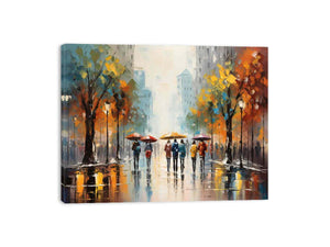 Rainy city street canvas art with colorful umbrellas for modern living room decor.