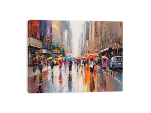 New York rainy street canvas art with umbrellas and taxis for modern urban decor.