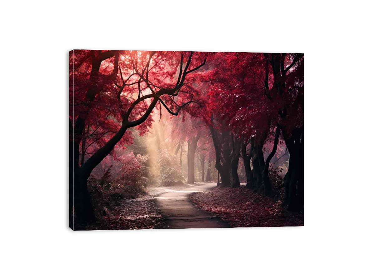 Moody red forest path canvas art for dramatic modern living room decor.