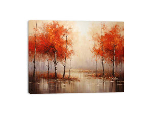 Orange autumn forest painting canvas art for warm living room decor.