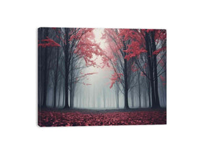 Misty red forest canvas art with autumn trees for modern living room decor.