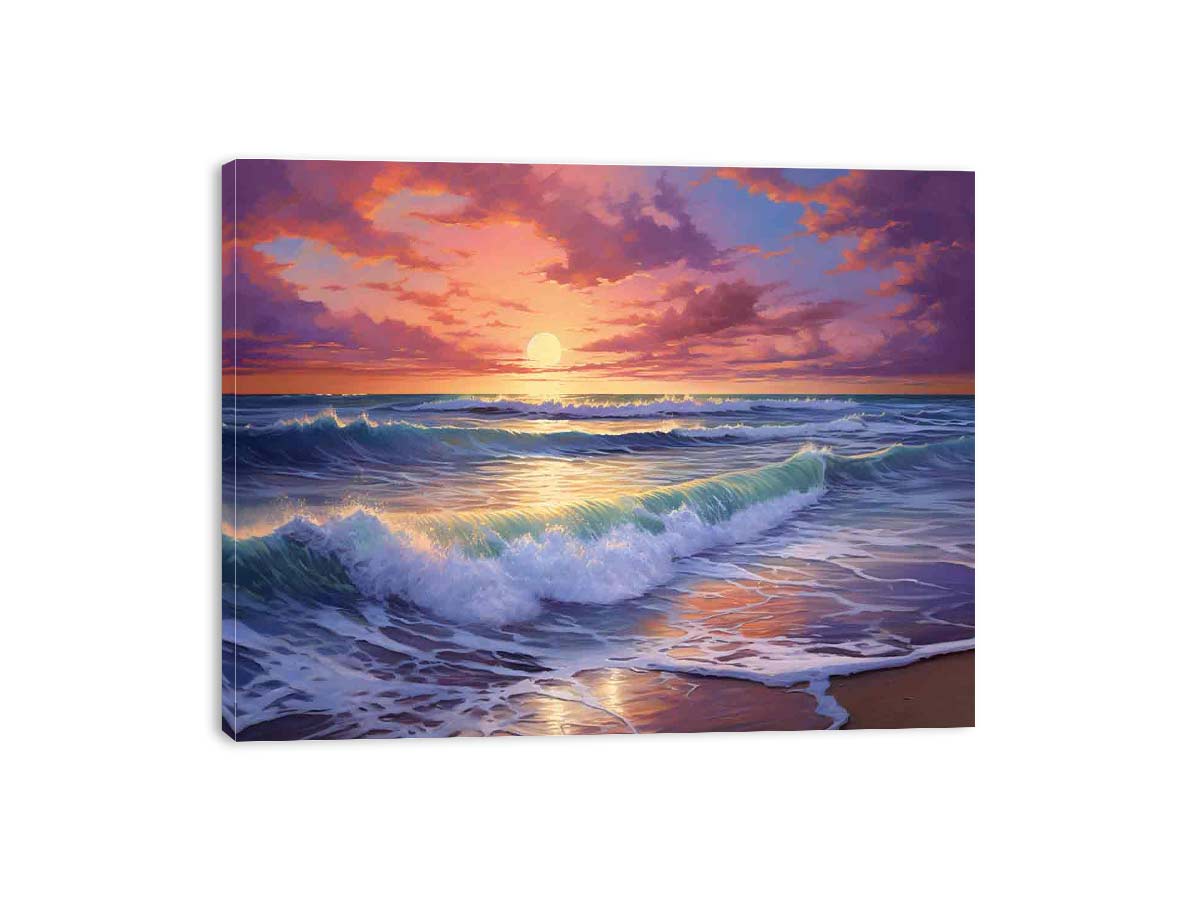 Colorful sunset ocean wave canvas art for coastal living room decor.
