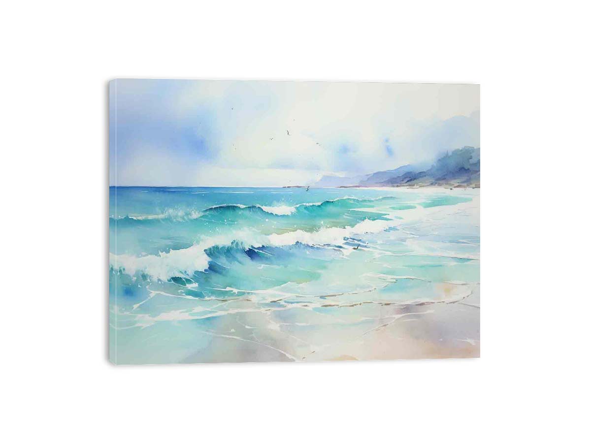 Turquoise watercolor ocean wave canvas art for modern coastal living room decor.