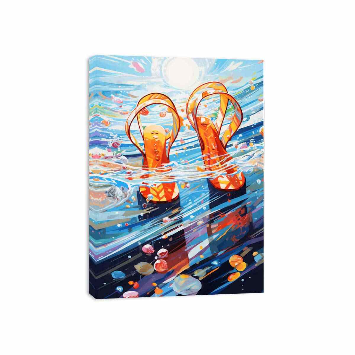 Bright flip flops ocean canvas art with shells for playful beach house decor.