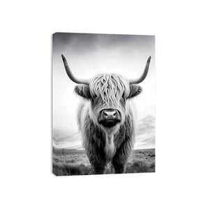 Black and white Highland cow canvas art for rustic farmhouse living room decor.