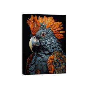 Dramatic cockatoo canvas art with orange crest feathers for modern living room decor.