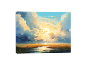 Abstract sunrise cloud landscape canvas art for peaceful modern living room decor.