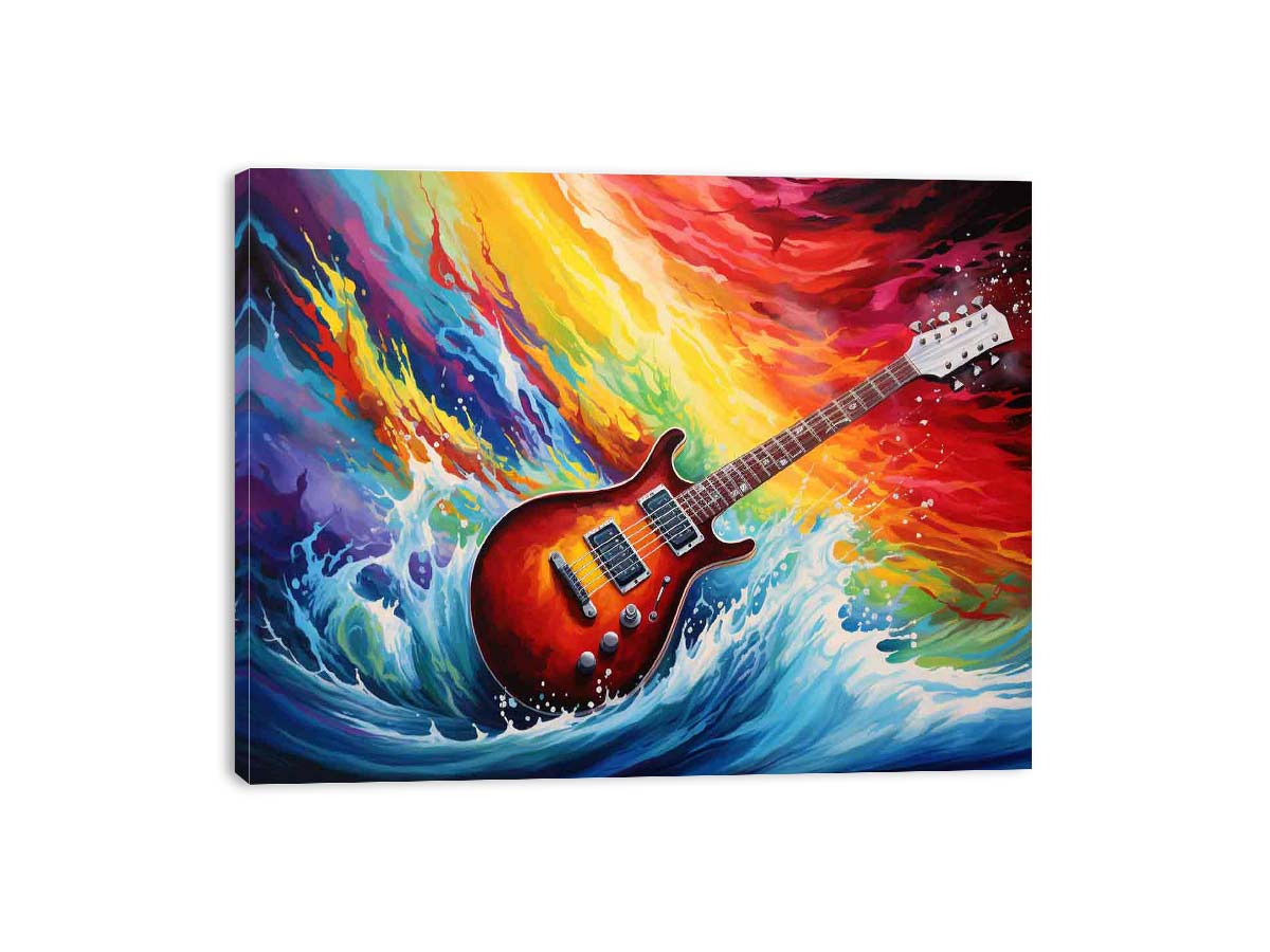 Electric guitar canvas art with rainbow ocean waves for bold music room decor.