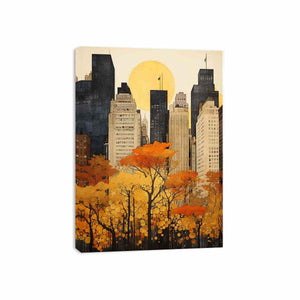 Autumn New York city canvas art with golden trees and skyline for elegant wall decor.