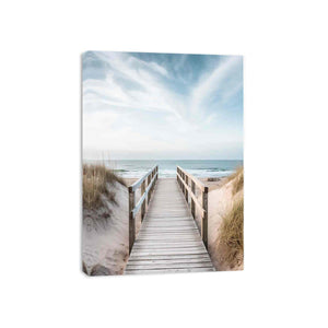 Beach boardwalk canvas print for coastal living room decor.