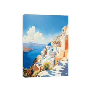 Sunlit santorini coastline with white buildings and blue domes for modern bedroom decor.