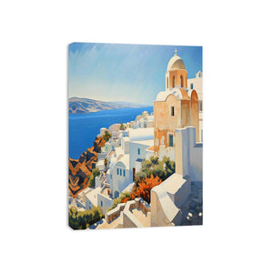 Santorini church and sea view with warm cliffside architecture for modern bedroom decor.