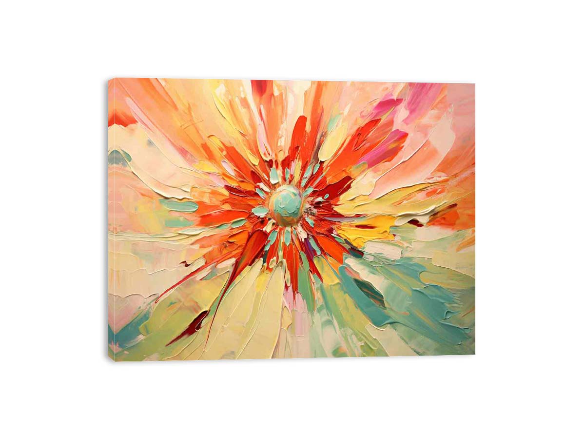 Expressive abstract flower burst with vivid impasto texture for modern living room decor.