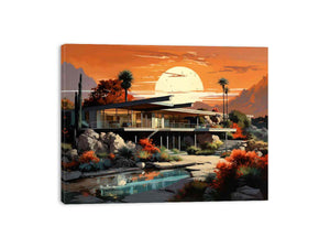 Mid-century desert house at orange sunset with pool and palms for modern living room decor.