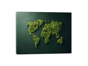 Green moss world map on deep emerald background for modern living room decor.