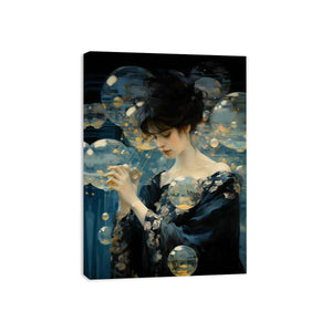 Mysterious woman with floating glass spheres in moody blue light for modern bedroom decor.