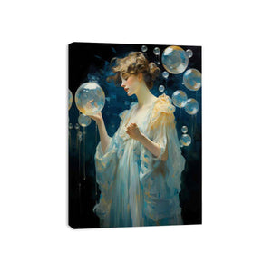 Ethereal woman in flowing white dress with luminous floating orbs for modern bedroom decor.